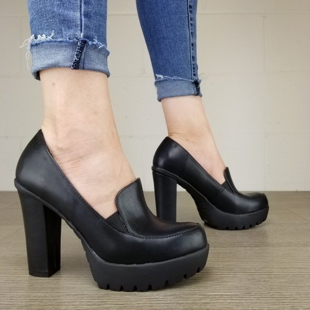 Slip on rockabilly Chunky Heels Faux Leather - Picture 6 of 8